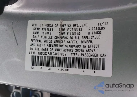 2013 Honda Accord Sport z USA, uszkodzony, nr VIN 1HGCR2F55DA061055